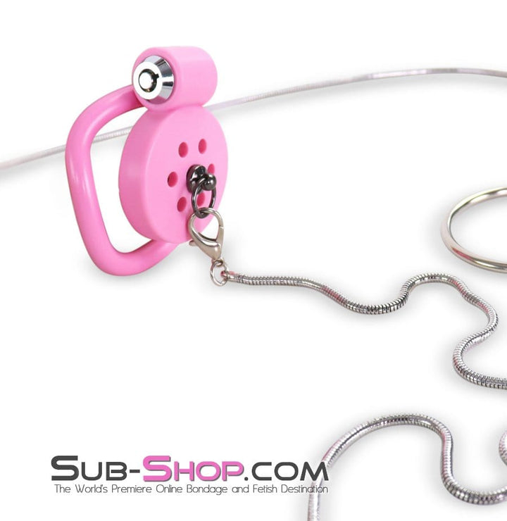 9020DL Ultra-Secure Flat Pink Locking Chastity Cage with Lead Chain & 5 Base Rings Chastity , Sub-Shop.com Bondage and Fetish Superstore