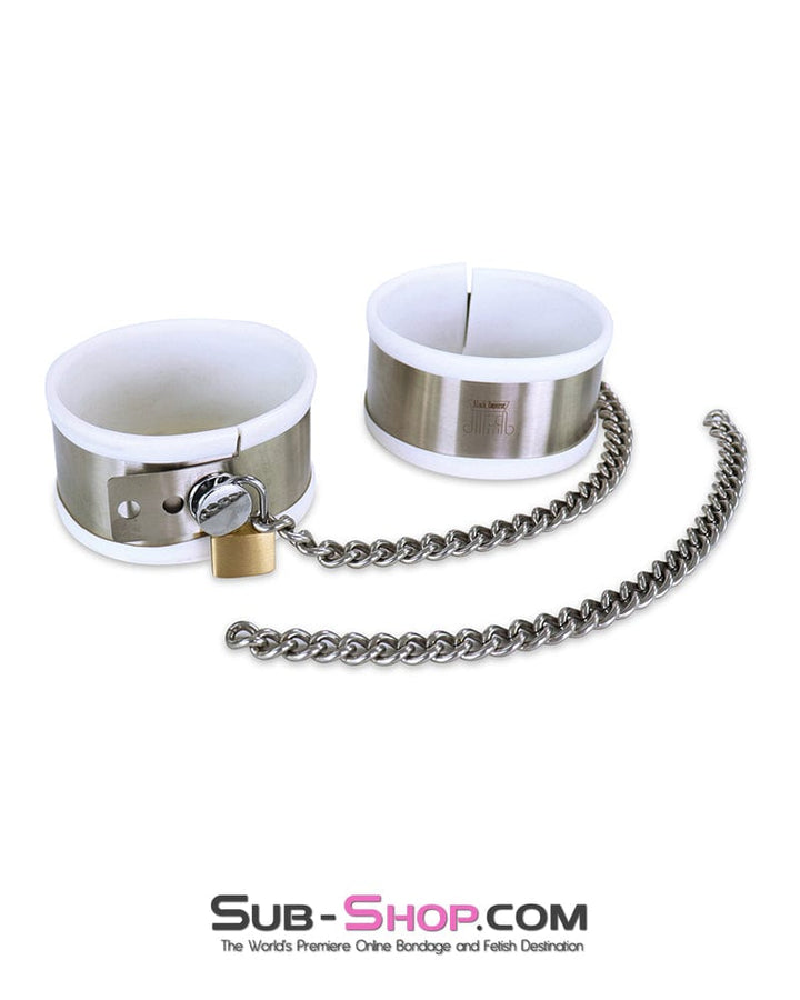 9345M      White Rubber Lined Stainless Steel Locking Ankle Shackles Steel Bondage   , Sub-Shop.com Bondage and Fetish Superstore