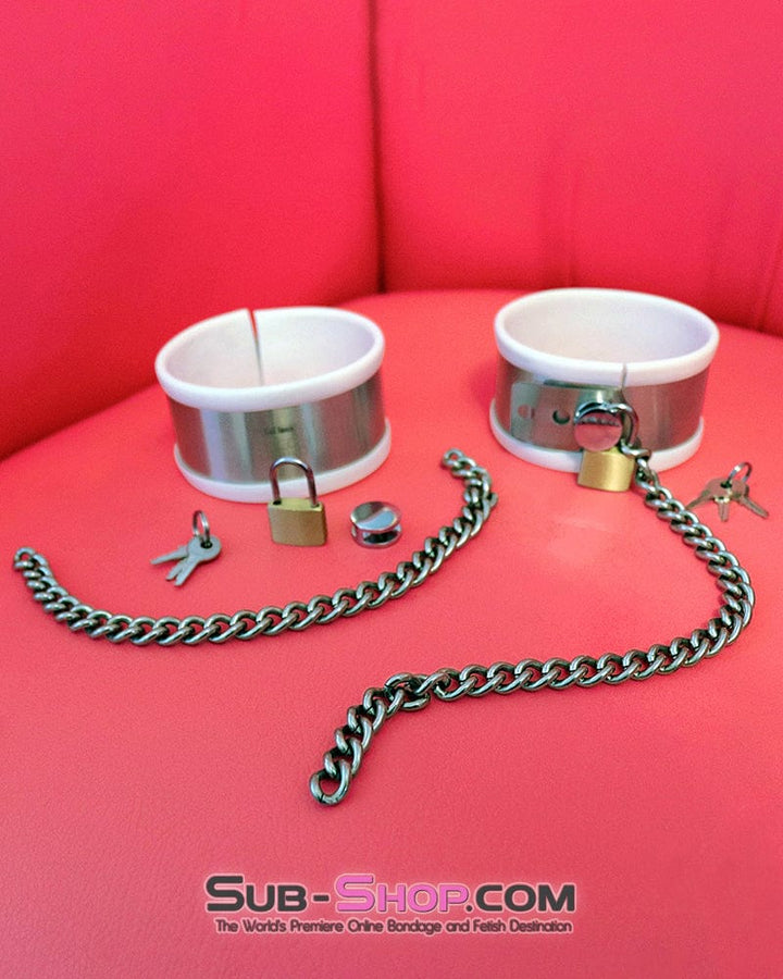 9345M      White Rubber Lined Stainless Steel Locking Ankle Shackles Steel Bondage   , Sub-Shop.com Bondage and Fetish Superstore