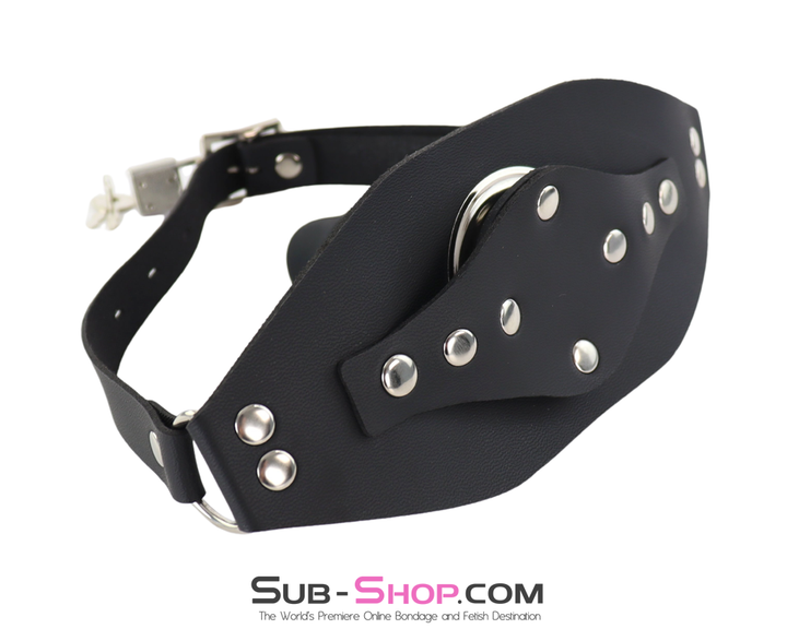 open ring mouth harness with black dildo attached and buckle straps
