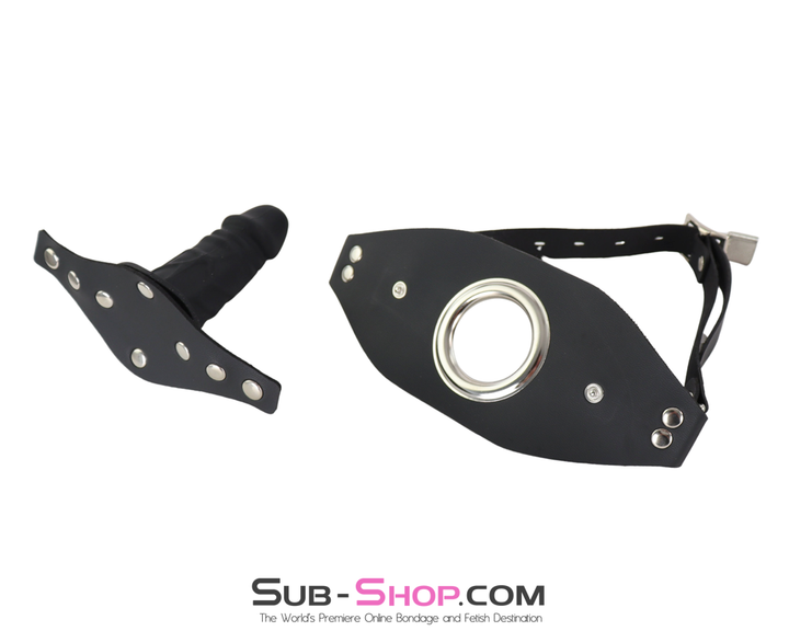 open ring panel gag and dildo attachment displayed separately