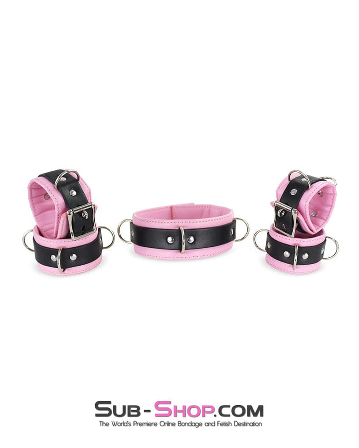 9943DL Princess Pink and Black Collar with Wrist and Ankle Cuffs Set Bondage Set , Sub-Shop.com Bondage and Fetish Superstore