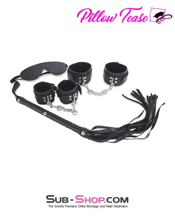 9975M      4 Pc Black Blindfold, Wrist and Ankle Cuffs + Whip Bondage Set Bondage Set   , Sub-Shop.com Bondage and Fetish Superstore