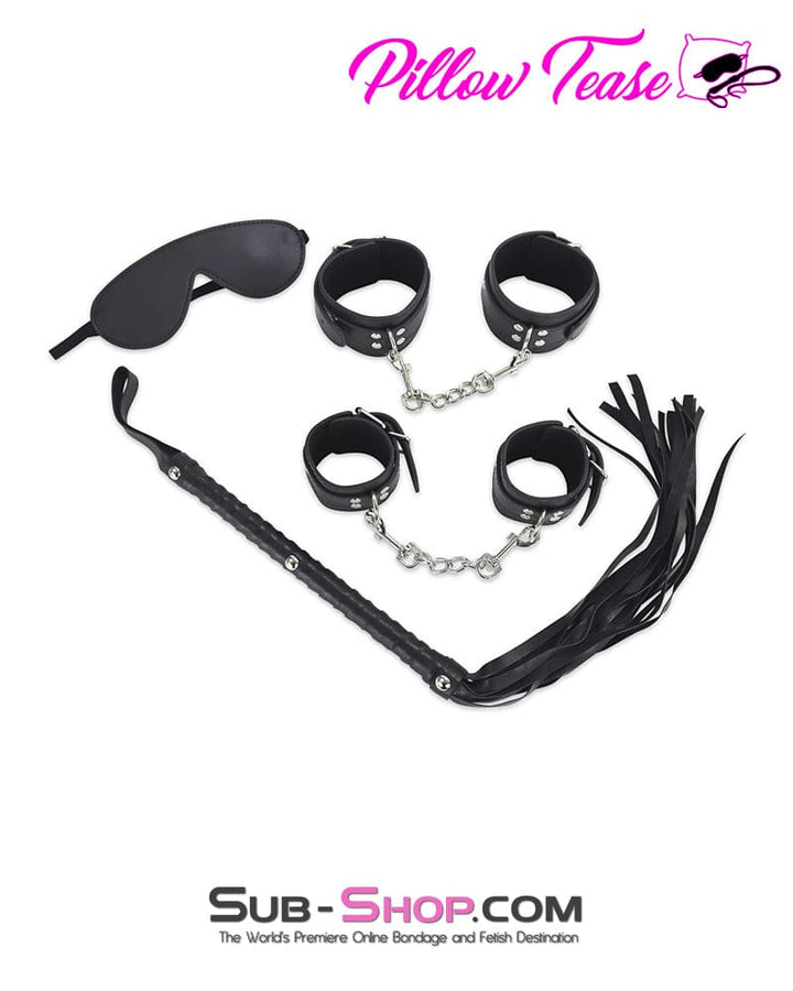 9975M      4 Pc Black Blindfold, Wrist and Ankle Cuffs + Whip Bondage Set Bondage Set   , Sub-Shop.com Bondage and Fetish Superstore