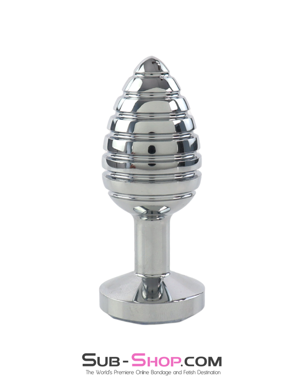 Ribbed Chrome Jewel Butt Plug metal anal toy standing view