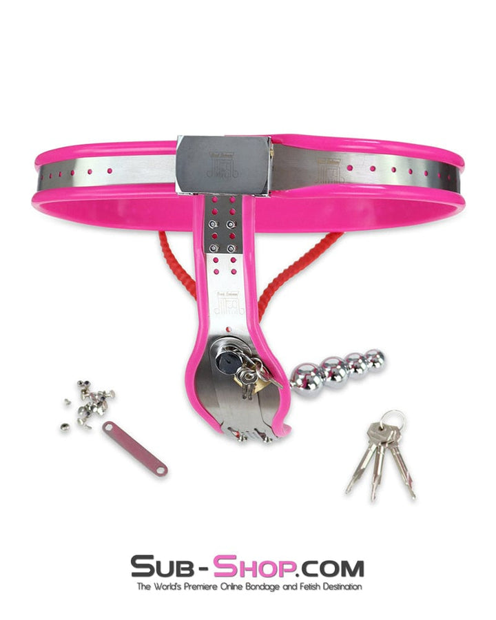 Chastity 2527DL      Prized Pet Pink Rubber Lined Locking Female Chastity Belt with Steel Anal Plug