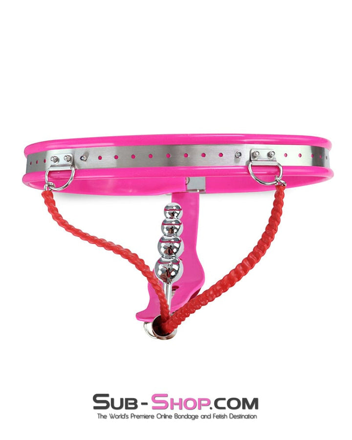 Chastity 2527DL      Prized Pet Pink Rubber Lined Locking Female Chastity Belt with Steel Anal Plug
