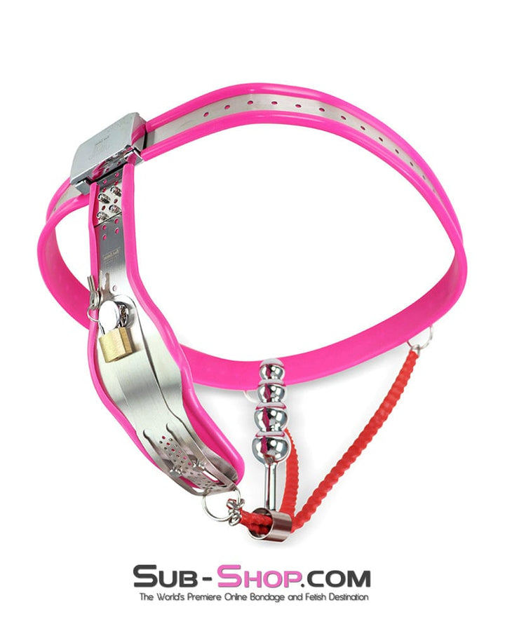 Chastity 2527DL      Prized Pet Pink Rubber Lined Locking Female Chastity Belt with Steel Anal Plug