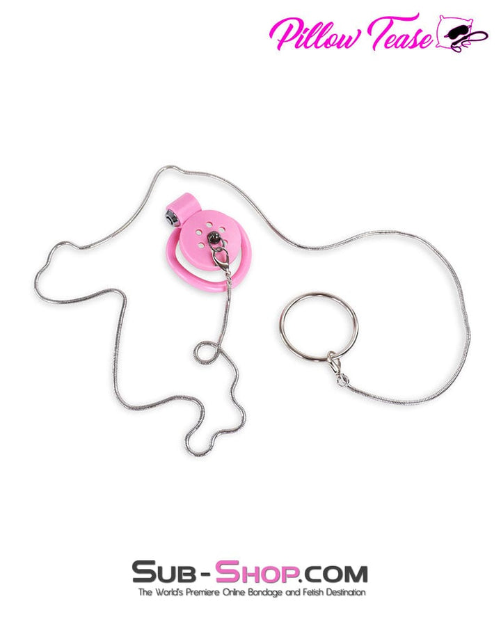 Chastity 9020DL  Ultra-Secure Flat Pink Locking Chastity Cage with Lead Chain & 5 Base Rings