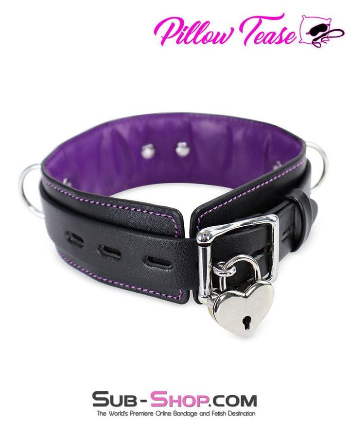 Collar 2669DL      Black 3 Ring Bondage Collar with Purple French Stitching
