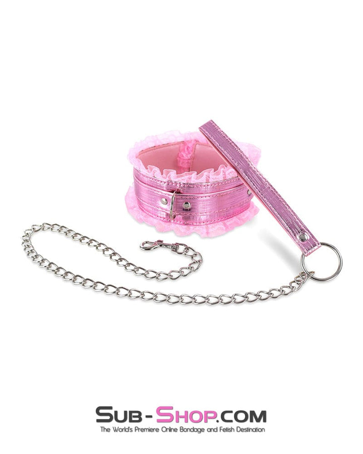 Collar 2770DL  Sugar Pet Shiny Pink Collar with Lace and Matching Chain Leash Bondage Set