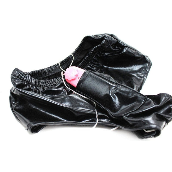 Dildo Panties 0436M  Faux Leather Vibrating Dildo Panties
