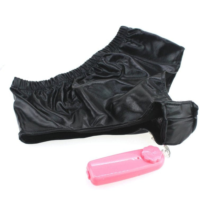 Dildo Panties 0436M  Faux Leather Vibrating Dildo Panties