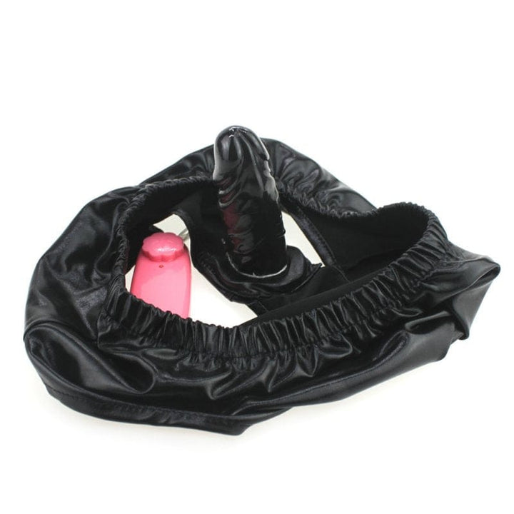 Dildo Panties 0436M  Faux Leather Vibrating Dildo Panties