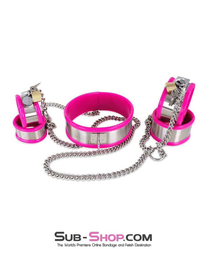 Steel Bondage 0262M  5-Piece Stainless Steel Collar, Cuffs & Leash Bondage Set with Pink Rubber Lining