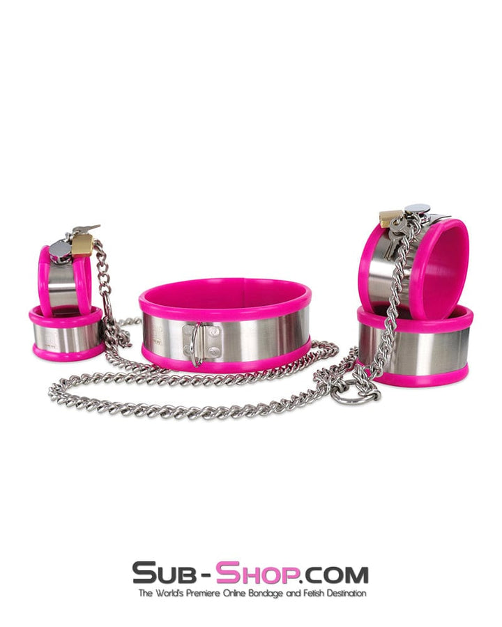 Steel Bondage 0262M  5-Piece Stainless Steel Collar, Cuffs & Leash Bondage Set with Pink Rubber Lining