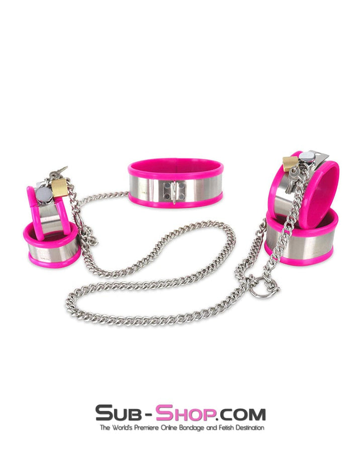 Steel Bondage 0262M  5-Piece Stainless Steel Collar, Cuffs & Leash Bondage Set with Pink Rubber Lining