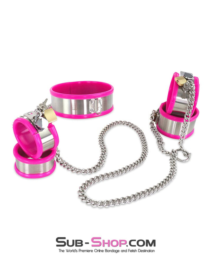 Steel Bondage 0262M  5-Piece Stainless Steel Collar, Cuffs & Leash Bondage Set with Pink Rubber Lining