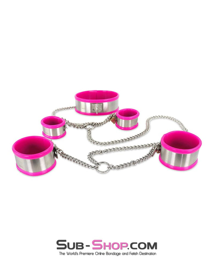 Steel Bondage 0262M  5-Piece Stainless Steel Collar, Cuffs & Leash Bondage Set with Pink Rubber Lining