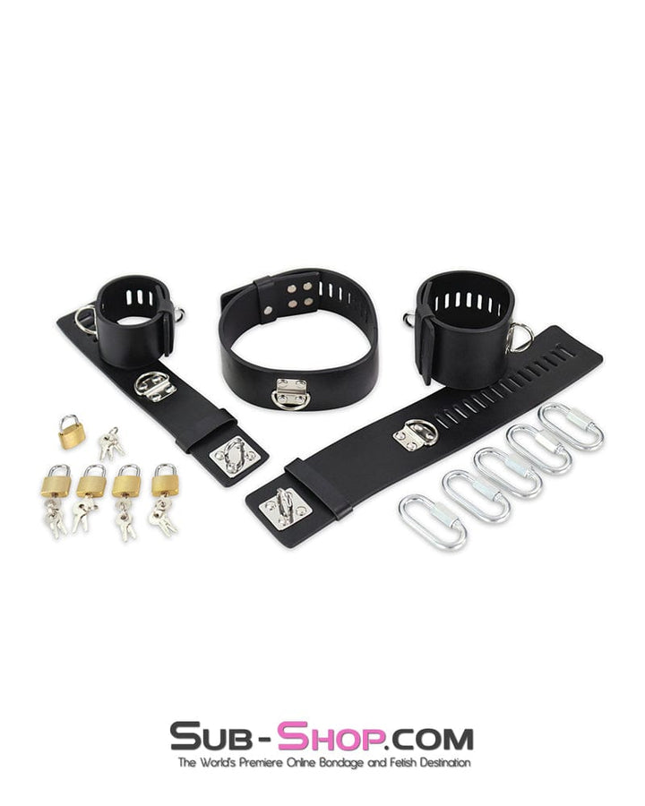 Steel Bondage 6916M      Dildo Stockade with Rubber Lined Collar, Wrist and Ankle Cuffs