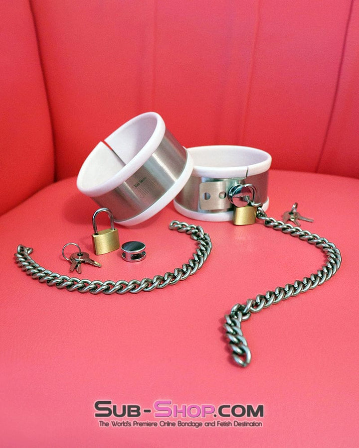 Steel Bondage 9345M      White Rubber Lined Stainless Steel Locking Ankle Shackles