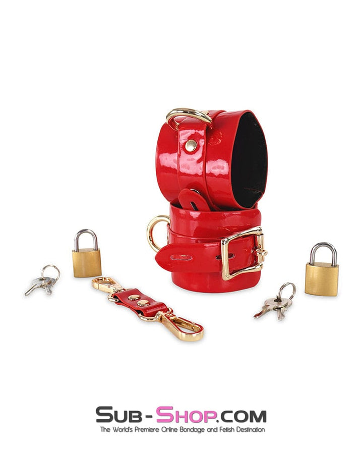 Wrist and Ankle Bondage 0756DL  Locking Shiny Red Patent Vegan Leather Bondage Wrist Cuffs