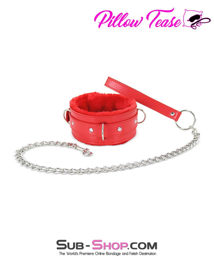 0628DL Locking Red Fur Lined Bondage Collar and Leash Collar , Sub-Shop.com Bondage and Fetish Superstore