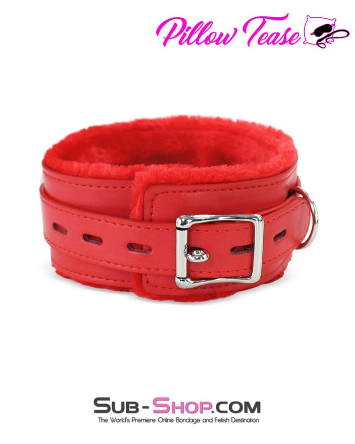 0628DL      Locking Red Fur Lined Bondage Collar and Leash Collar   , Sub-Shop.com Bondage and Fetish Superstore