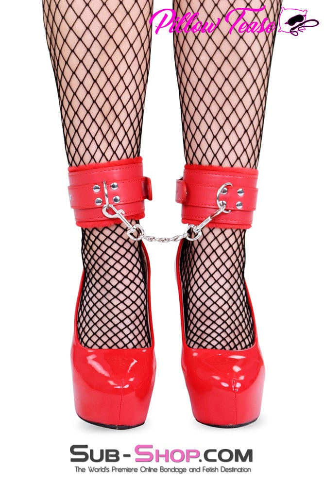 0832DL Red Fur Lined Ankle Bondage Cuffs with Chain Cuffs , Sub-Shop.com Bondage and Fetish Superstore