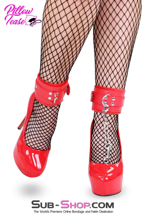 0832DL      Red Fur Lined Ankle Bondage Cuffs with Chain Cuffs   , Sub-Shop.com Bondage and Fetish Superstore