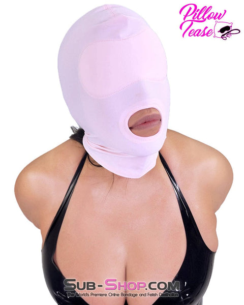 1145DL      Pink Spandex Open Mouth Hood with Sewn In Blindfold Hoods   , Sub-Shop.com Bondage and Fetish Superstore