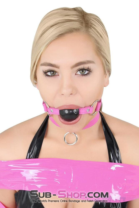 1342RS      Locking Hot Pink Strap Small Black Rubber Ball Gag - LAST CHANCE - Final Closeout! Black Friday Blowout   , Sub-Shop.com Bondage and Fetish Superstore