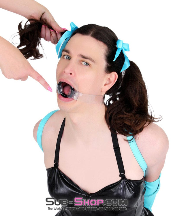 1495A-SIS      Pretty Forced Feminization Sissy Wench Clearly Wide Open Luxe Clear PVC Wide Strap Plastic Ring Gag Sissy   , Sub-Shop.com Bondage and Fetish Superstore
