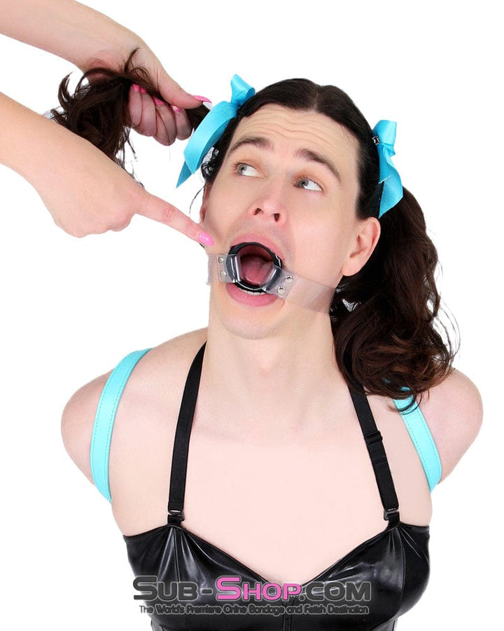 1495A-SIS      Pretty Forced Feminization Sissy Wench Clearly Wide Open Luxe Clear PVC Wide Strap Plastic Ring Gag Sissy   , Sub-Shop.com Bondage and Fetish Superstore