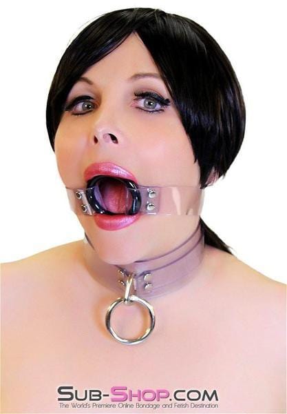 1495A-SIS      Pretty Forced Feminization Sissy Wench Clearly Wide Open Luxe Clear PVC Wide Strap Plastic Ring Gag Sissy   , Sub-Shop.com Bondage and Fetish Superstore
