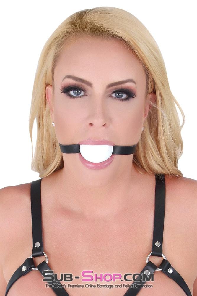 1502A       Thin Strap Buckling Ball Gag, Black Leather Strap, White Ball Gags   , Sub-Shop.com Bondage and Fetish Superstore