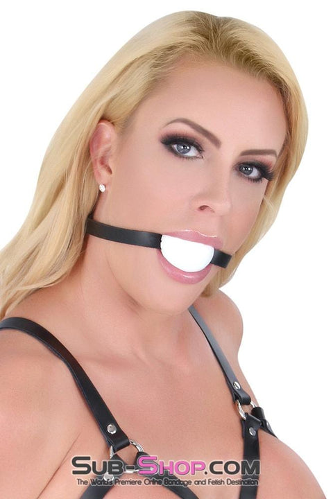 1502A       Thin Strap Buckling Ball Gag, Black Leather Strap, White Ball Gags   , Sub-Shop.com Bondage and Fetish Superstore