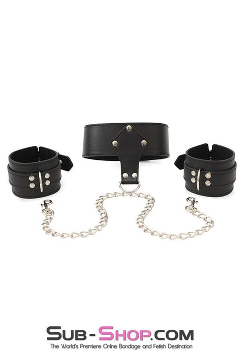 1507M      Locking Collar with Detachable Chained Wrist Cuffs Set Bondage Set   , Sub-Shop.com Bondage and Fetish Superstore
