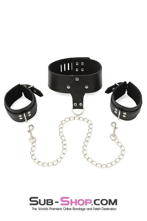 1507M      Locking Collar with Detachable Chained Wrist Cuffs Set Bondage Set   , Sub-Shop.com Bondage and Fetish Superstore