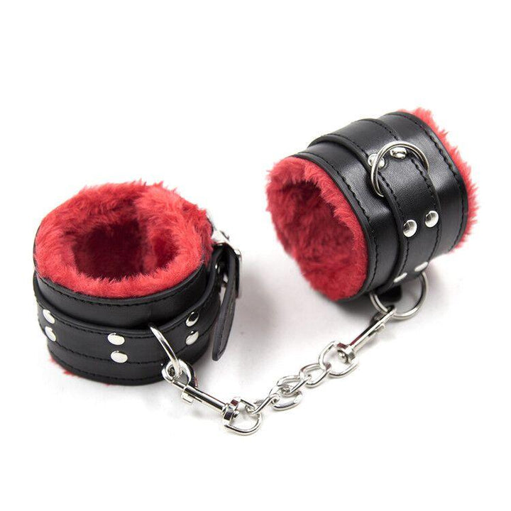1537M      Plush Cuffs Locking Fur Lined Red & Black Ankle Bondage Cuffs Cuffs   , Sub-Shop.com Bondage and Fetish Superstore