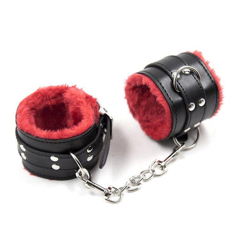 1537M      Plush Cuffs Locking Fur Lined Red & Black Ankle Bondage Cuffs Cuffs   , Sub-Shop.com Bondage and Fetish Superstore