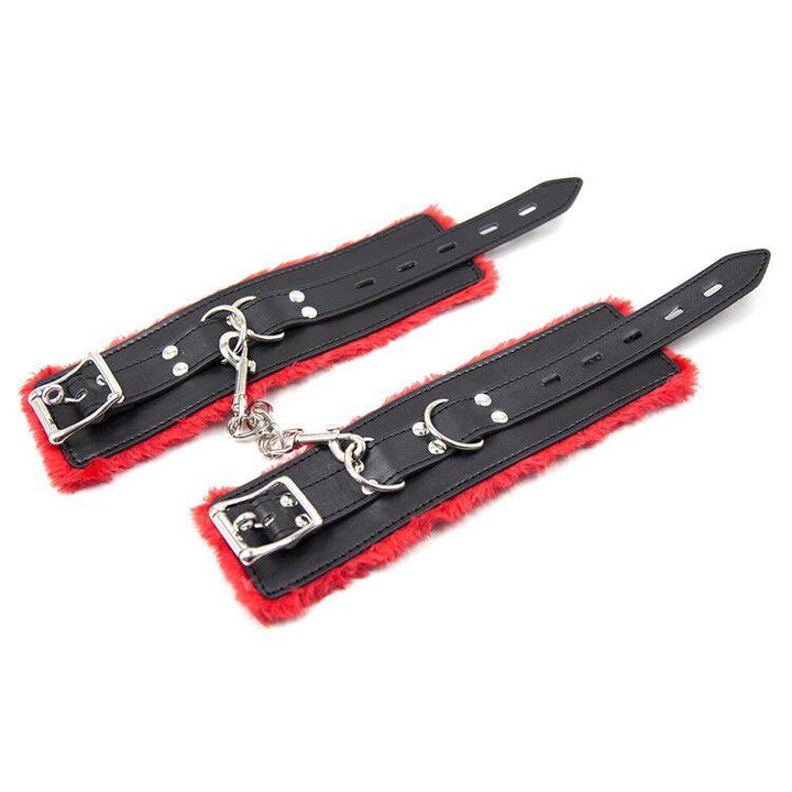 1537M      Plush Cuffs Locking Fur Lined Red & Black Ankle Bondage Cuffs Cuffs   , Sub-Shop.com Bondage and Fetish Superstore