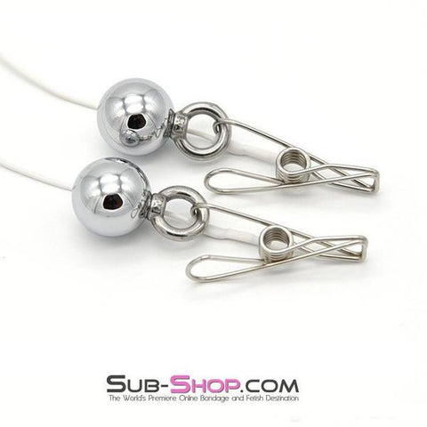 1573R      Sub Shock Super Endurance Chrome Weighted Electro Stim Spring Wire Nipple Clamps with Lead Wire Set - LAST CHANCE - Final Closeout! Black Friday Blowout   , Sub-Shop.com Bondage and Fetish Superstore