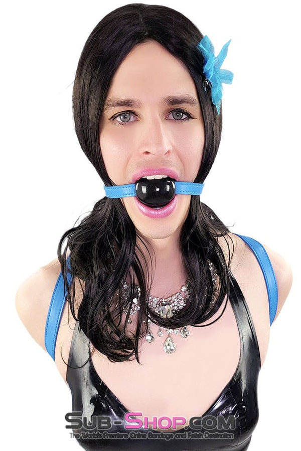 1617DL-SIS      Pretty Sissy Boi Black Rubber Ballgag on Tantric Professional Dominatrix Blue Strap Sissy   , Sub-Shop.com Bondage and Fetish Superstore