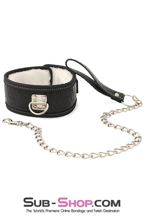 1889M      Fur Lined Black Snake Print Bondage Collar and Leash Set Collar   , Sub-Shop.com Bondage and Fetish Superstore