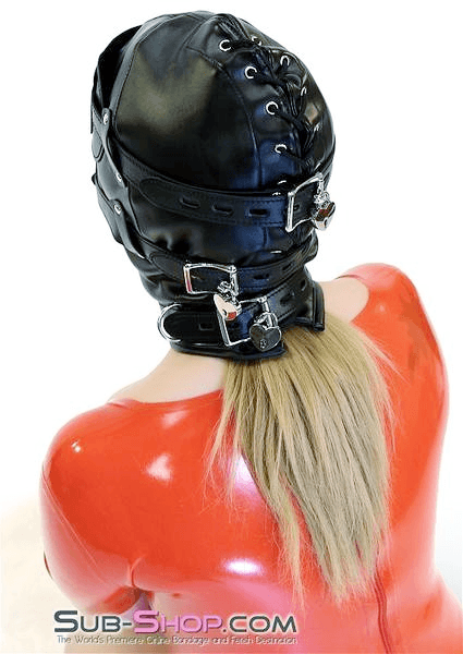 0194SM      Total Lockdown Full Locking Hood with Removable Blindfold & Penis Gag Hoods   , Sub-Shop.com Bondage and Fetish Superstore