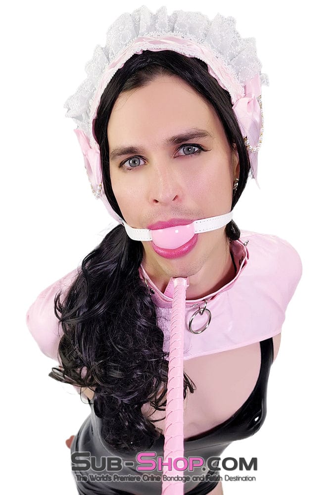 0445DL-SIS Pink Pretty Sissy Slave Rubber Ballgag on BDSM Mistress White Strap Sissy , Sub-Shop.com Bondage and Fetish Superstore