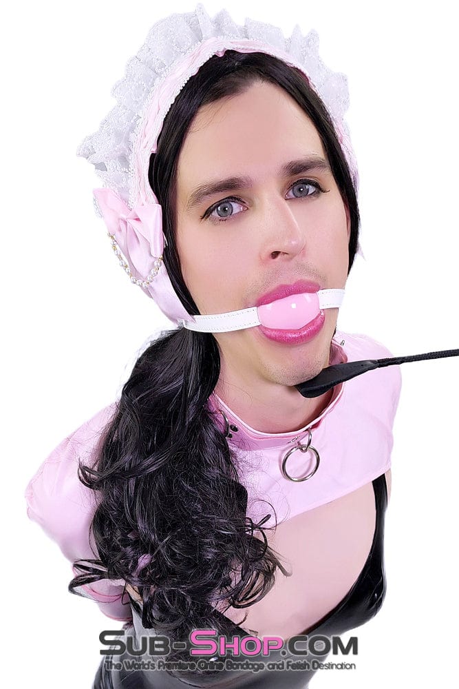 0445DL-SIS Pink Pretty Sissy Slave Rubber Ballgag on BDSM Mistress White Strap Sissy , Sub-Shop.com Bondage and Fetish Superstore