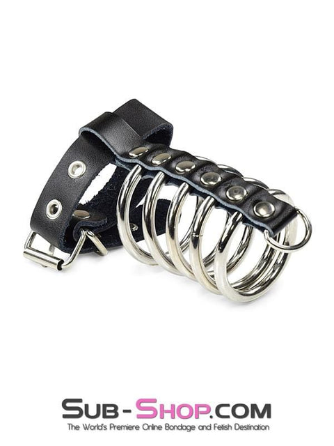 2229DL       Locking 5 Gates of Hell with Leather Cock Strap Cock Cage   , Sub-Shop.com Bondage and Fetish Superstore