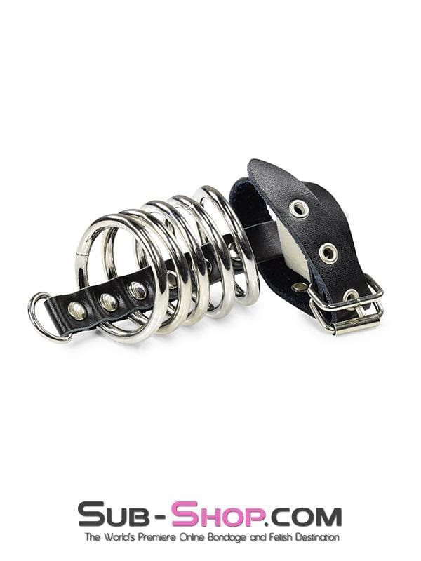 2229DL       Locking 5 Gates of Hell with Leather Cock Strap Cock Cage   , Sub-Shop.com Bondage and Fetish Superstore